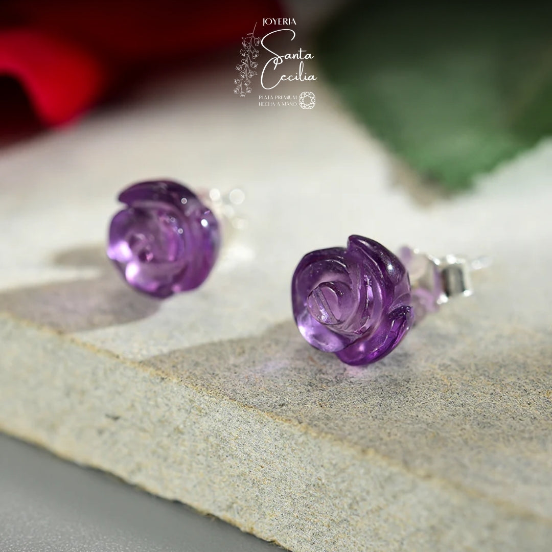 Aretes con Forma de Rosas Gema Amatista