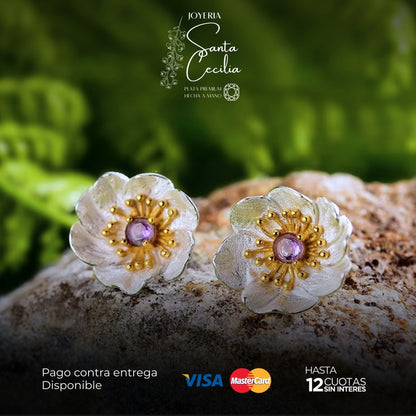 Aretes Flor Amapola Gema Amatista