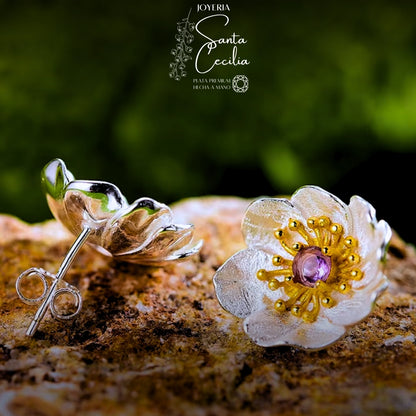 Aretes Flor Amapola Gema Amatista