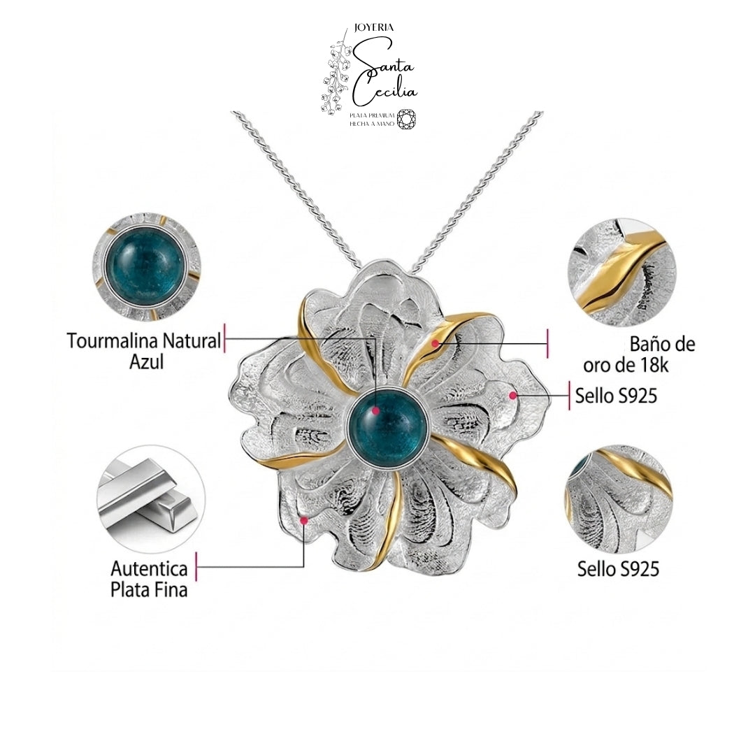 Dije Aura Floral gema  turmalina Azul Exclusiva